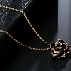 Brand New Without Tags, Absolutely Beautiful Women's Gold Plated Black Rose Necklace And Earrings Set. Gold And Black Necklace, Black Metal Flower Jewelry, Chic Evening Jewelry For Valentine's Day, Chic Black Flower Jewelry, Black Flower-shaped Metal Jewelry, Valentine's Day Chic Evening Jewelry, Rose Metal Jewelry For Party, Rose Gold Flower Jewelry For Evening, Elegant Black Jewelry With Rose Design