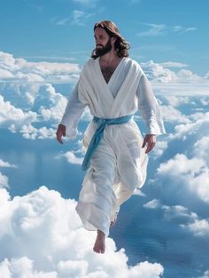 a man with long hair and beard in the sky above clouds wearing a white robe