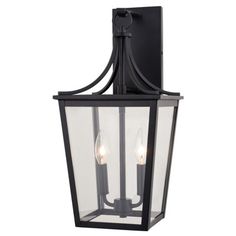 an outdoor light fixture with two lights on the front and side of it, in black