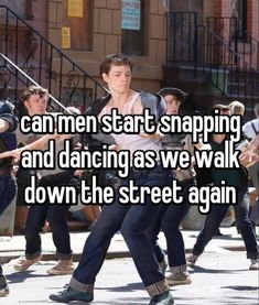 a man holding a baseball bat with the words can't start snapping and dancing as we walk down the street again