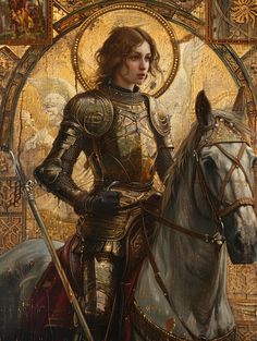 a painting of a woman in armor on a horse