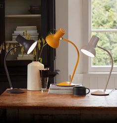 two desk lamps sitting on top of a wooden table next to a vase and books