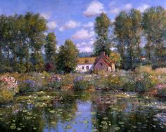 a painting of a house in the middle of a field with water lillies and trees