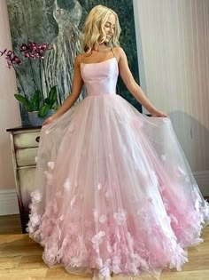 Pink Tulle Evening Dress, Tulle Applique, 15 Birthday, Prom Dresses Elegant, Tulle Evening Dress, Evening Dress Floor Length, Dream Dresses