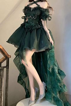 Green One-shoulder Mini Dress With Ruffles, Genshin Sona, Dresses Extravagant, Oc Outfits, Wedding Halloween, Halloween Clothing, Oc Inspiration, Dress Sleeve Length, Graduation Dresses