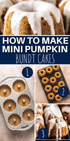 Collage showing how to make mini pumpkin spice bundt cakes. Mini Pumpkin Spice Bundt Cakes, Nothing Bundt Cakes Bundtinis, Pumpkin Mold Recipes, Pumpkin Mini Bundt Cakes, Mini Pumpkin Bundt Cakes, Bundt Cake Recipes Mini, Mini Bundt Cake Recipes From Mix Boxes, Moist Bundt Cake Recipes, Fall Mini Cakes