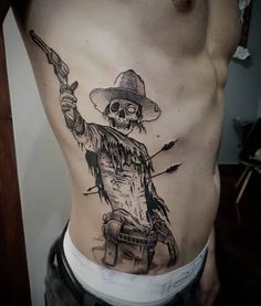 Skeleton Back Tattoo, Mens Chest Tattoos Ideas, Skeleton Cowboy Tattoo, Mens Stomach Tattoo, Trucker Tattoo, Cowboy Tattoo, Indian Skull Tattoos, Animal Tattoos For Men, Rib Tattoos For Guys