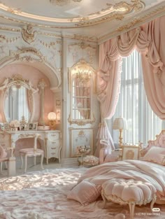 an elegant bedroom with pink and gold decor, including chandelier, bedding, dressers and dressing table