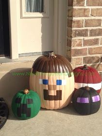 three pumpkins sitting on the front porch with their faces painted to look like people