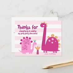 a pink dinosaur birthday card with the words thanks for