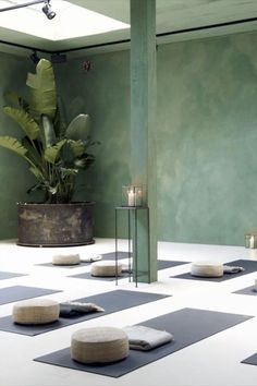 a yoga room with several mats, candles and potted plant on the floor in front of it