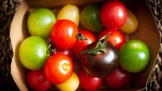 a basket filled with lots of different types of tomatoes on top of brown woven material