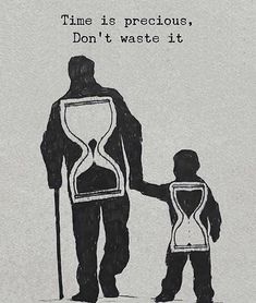 an image of a man holding the hand of a child in front of an hourglass