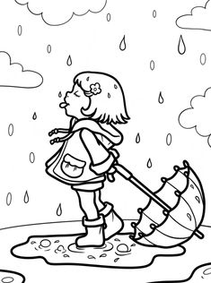 a black and white drawing of a girl with an umbrella walking in the rain on a rainy day