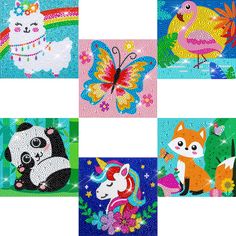 four different pictures of animals and birds on blue fabric with flowers, butterflies, and rainbows