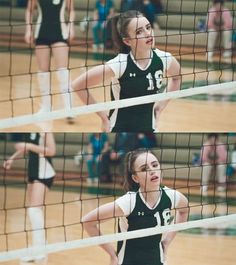 two girls playing volleyball on a court with the net in front of them and one girl looking at the ball