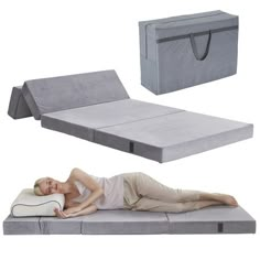 a woman laying on top of a bed next to a box spring mattress and storage bag