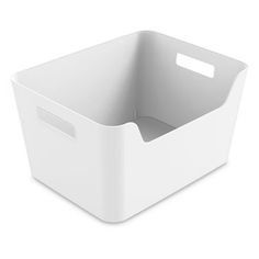 a white plastic storage container with handles on the front and bottom, shown from the side