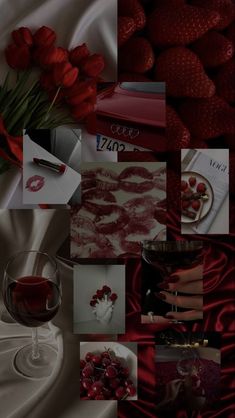 a collage of photos with red flowers and wine glasses on the bottom right hand corner