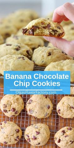 banana chocolate chip cookies on a cooling rack with the title text overlay reads, banana chocolate chip cookies