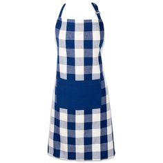 a blue and white checkered apron on a mannequin neckline with straps