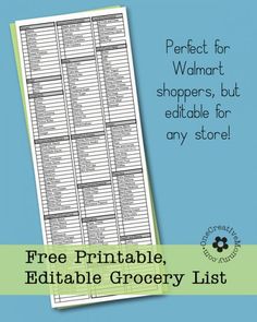 the printable grocery list for walmart is shown with text that reads, free printable