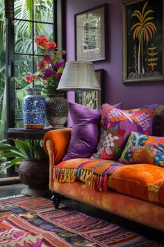 a living room filled with lots of colorful furniture