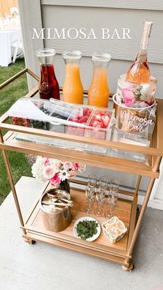 Mimosa Bar Cart, Bridal Shower Champagne Bar, Flower Bridal Shower Theme, Mimosa Party, Mimosa Brunch, Bridal Shower Inspo, Gold Bar Cart, Bridal Shower Planning, Bridal Shower Inspiration