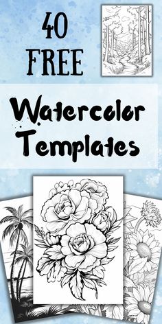 four watercolor templates with flowers and palm trees in the background, all on top of