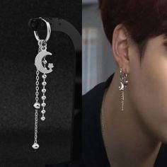 Elegant KPOP crescent moon tassel earring, Korean aesthetic earrings, Punk korean fashionn earrings, bts earrings, anniversary gift What's inside ? - 1 x kpop crescent moon earring Sizing  - the earring is around 8cm long If you're still not sure - Free Fast Shipping - Free 30 day money back guarantee - 20% off for 24 hours only  - Express Shipping option available for UK, USA, France, Germany, Italy, Spain Returns and refunds - If the earring arrives broken you will get a full refund or a free Rock Guys, Ear Wrap Cuff, Piercings Earrings, Bts Earrings, Kpop Earrings, غلاف الكتاب, Earrings Moon, Punk Earrings, Character References