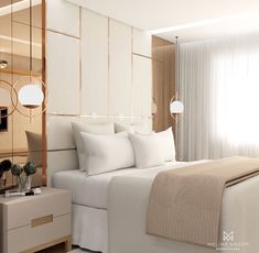 a white bed sitting in a bedroom next to a tall mirror on top of a wall