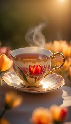 a tea cup on a saucer with steam rising out of it and flowers in the background