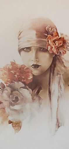 a painting of a woman with flowers in her hair and an orange flower on her head