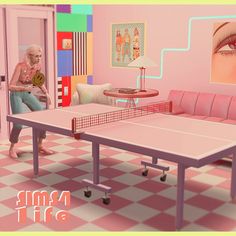 an old man playing ping pong in a pink room with checkered flooring