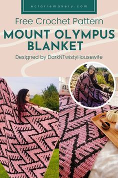 the free crochet pattern for mount olympics blanket is shown in pink and black