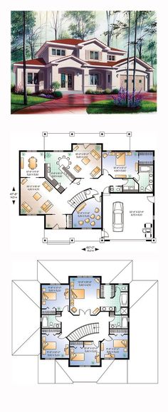 two story house plans with floor plans and measurements for each room in the house,