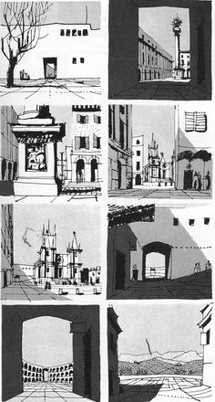 four different views of buildings in black and white