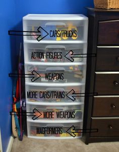 an organized closet with plastic drawers and labeled labels on the bottom, along with instructions for organizing