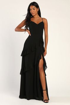 Black Maxi Dress - Black Ruffled Maxi Dress - Tiered Maxi Dress - Lulus Black Dresses For Prom Classy, Long Timeless Dress, Long Black Dress Hoco, Sparkly Black Long Dress, Black Dresses Flowy, Black Western Dress Long, Hoco Dresses Black Long, Formal Black Dress Wedding Guest, Simple Black Prom Dresses