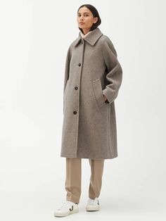 Wide-Fit Wool Boucle Coat - Taupe - Jackets & Coats - ARKET SE Boucle Coat, Contemporary Wardrobe, Smart Dress, Wool Coat, Social Media Platforms, The Knee, Sheep, Access Denied, New Dress