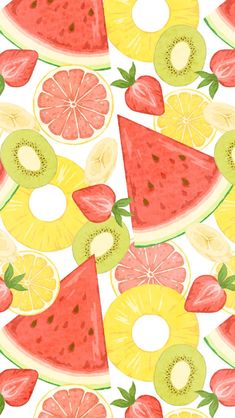 watermelon, kiwi, lemon and strawberry slices on a white background with green leaves