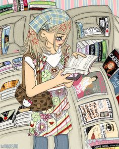 a drawing of a girl reading a book in front of a bookshelf filled with books