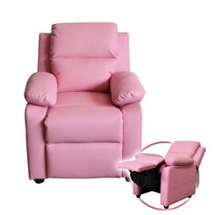 a pink recliner chair and footstool sitting next to each other