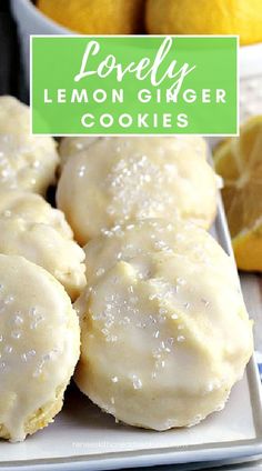 lemon ginger cookies on a white plate with some lemons in the background