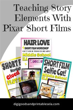 the front and back cover of a book with text reading teaching story elements with pixar short films