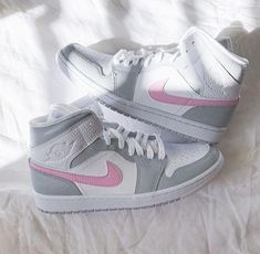 Custom Air Jordan 1 Mid Pink Grey - shecustomize Jordan 1 Mid Pink, Custom Air Jordan 1, Custom Jordans, Trendy Shoes Sneakers, Nike Shoes Girls, Preppy Shoes, Jordan Shoes Girls, All Nike Shoes, Cute Nike Shoes