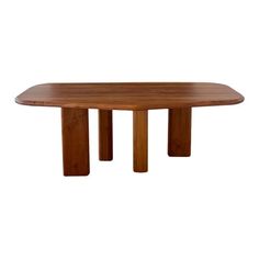 a wooden table with three legs and a circular shape on the top, against a white background