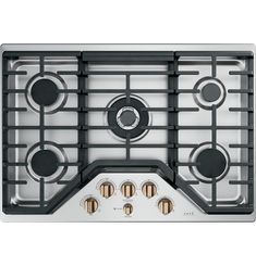 a gas stove with four burners and knobs