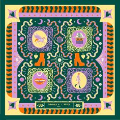 an image of a square scarf with different designs on it