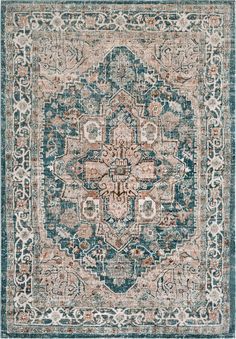 a blue and beige rug with an ornate design